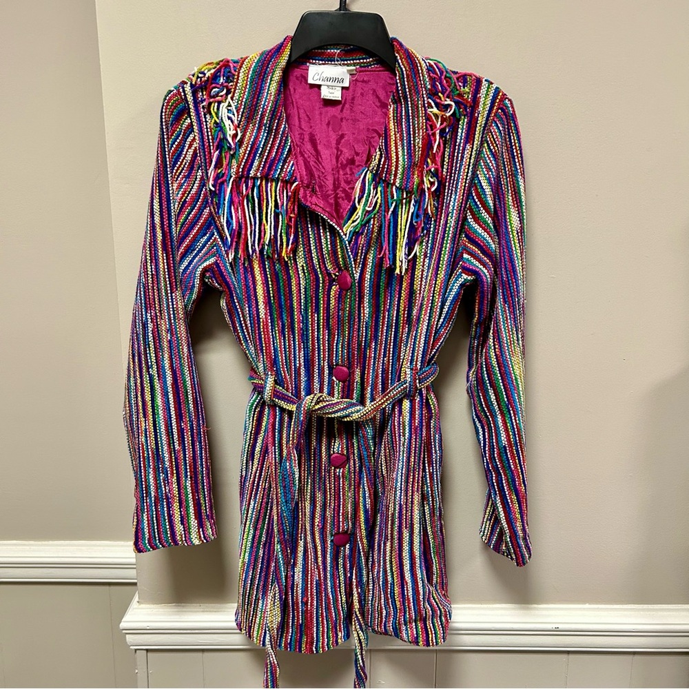 Channa Sz S Multicolor Belted Jacket BOHO Pink Blue Purple & Green GUC